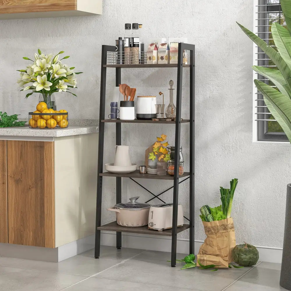4-Tier Bookshelf with Metal Frame and Adjustable Foot Pads-Oak - Oak - Bookcases