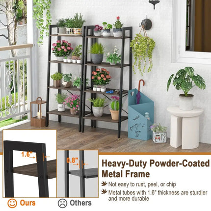 4-Tier Bookshelf with Metal Frame and Adjustable Foot Pads-Oak Costway