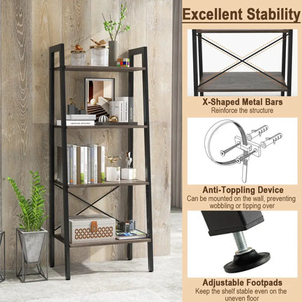 4-Tier Bookshelf with Metal Frame and Adjustable Foot Pads-Oak Costway