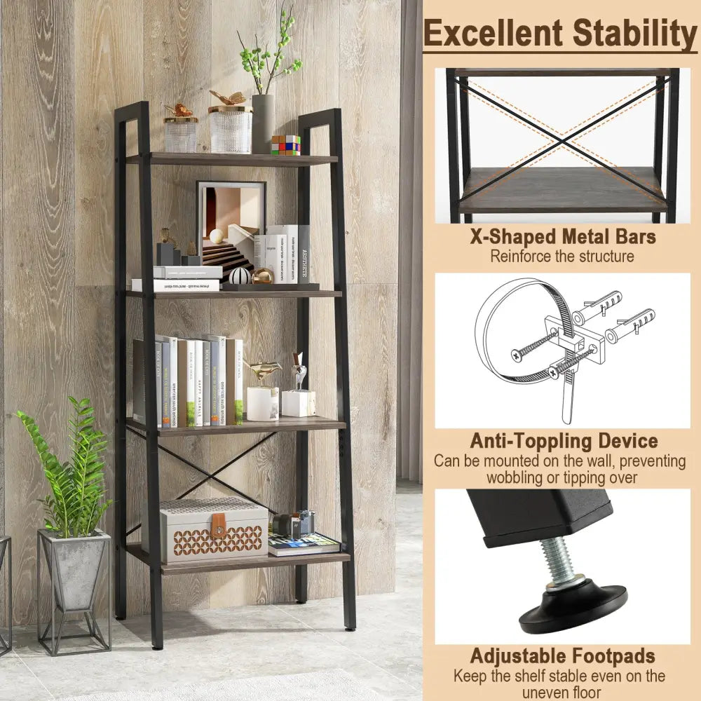 4-Tier Bookshelf with Metal Frame and Adjustable Foot Pads-Oak - Oak - Bookcases