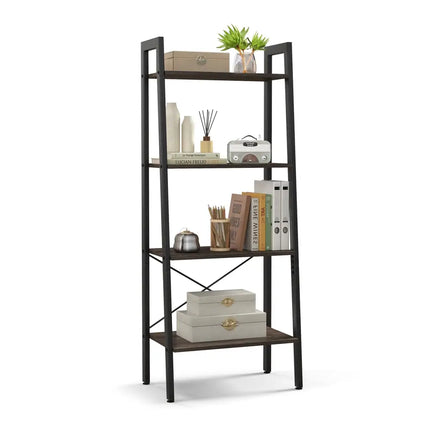 4-Tier Bookshelf with Metal Frame and Adjustable Foot Pads-Oak Costway