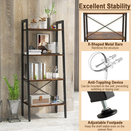 4-Tier Bookshelf with Metal Frame and Adjustable Foot Pads-Rustic Brown Costway