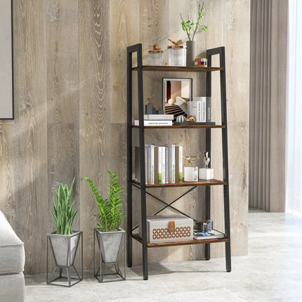 4-Tier Bookshelf with Metal Frame and Adjustable Foot Pads-Rustic Brown Costway