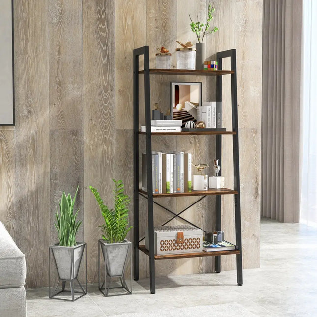 4-Tier Bookshelf with Metal Frame and Adjustable Foot Pads-Rustic Brown Costway