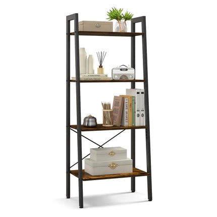 4-Tier Bookshelf with Metal Frame and Adjustable Foot Pads-Rustic Brown Costway