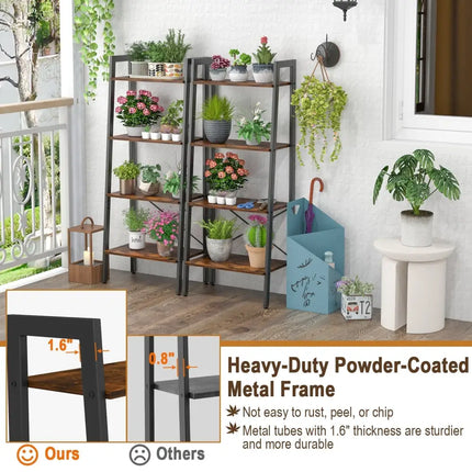 4-Tier Bookshelf with Metal Frame and Adjustable Foot Pads-Rustic Brown Costway