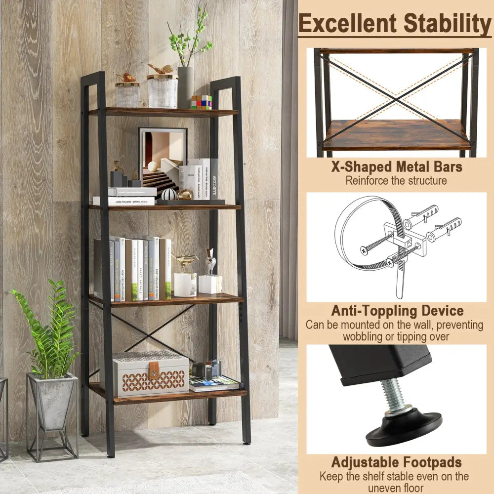 4-Tier Bookshelf with Metal Frame and Adjustable Foot Pads-Rustic Brown - Rustic Brown - Bookcases