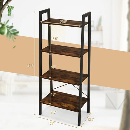 4-Tier Bookshelf with Metal Frame and Adjustable Foot Pads-Rustic Brown Costway