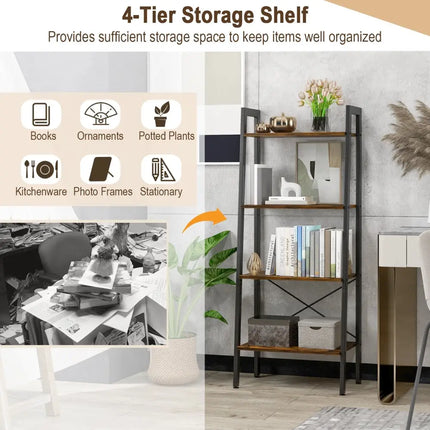 4-Tier Bookshelf with Metal Frame and Adjustable Foot Pads-Rustic Brown Costway