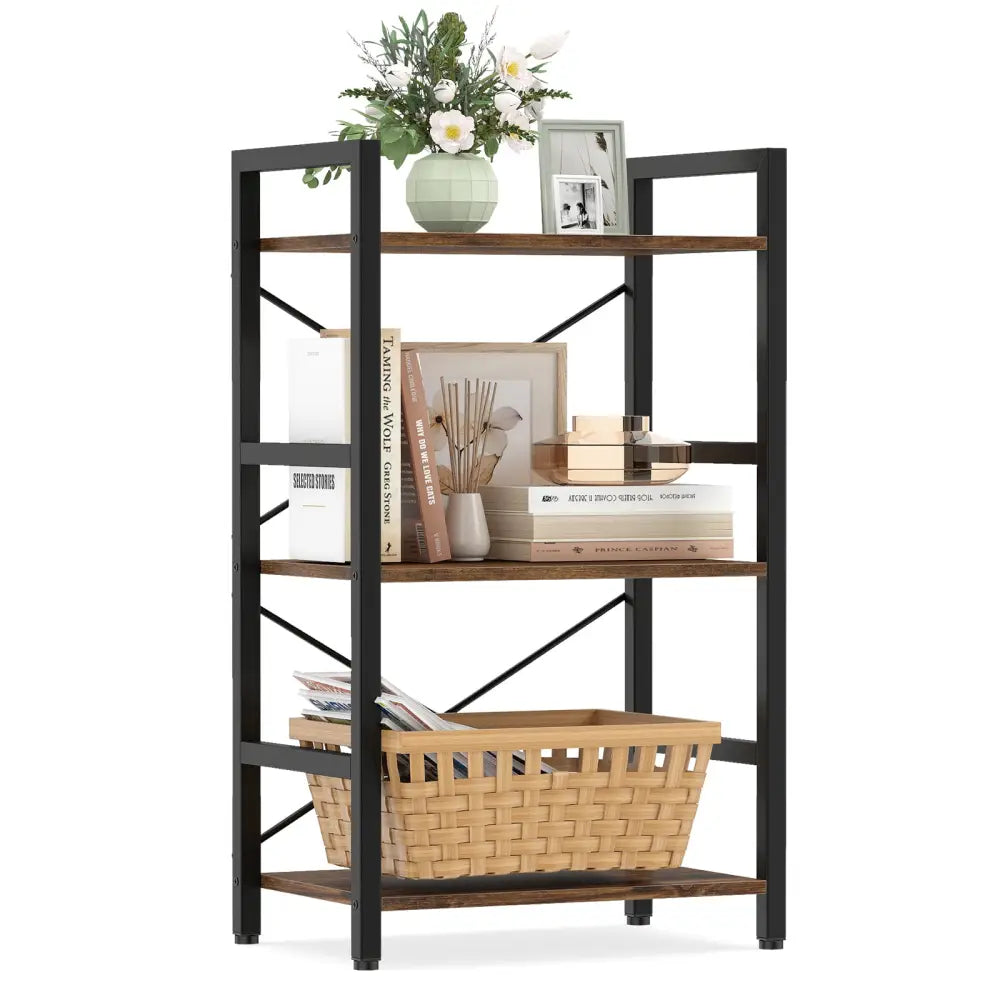4-Tier Bookshelf with Metal Frame and Wooden Storage Racks for Study-Rustic Brown - Rustic Brown - Bookcases