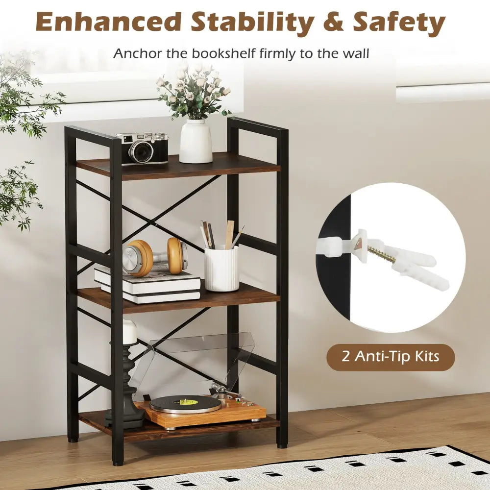 4-Tier Bookshelf with Metal Frame and Wooden Storage Racks for Study-Rustic Brown - Rustic Brown - Bookcases