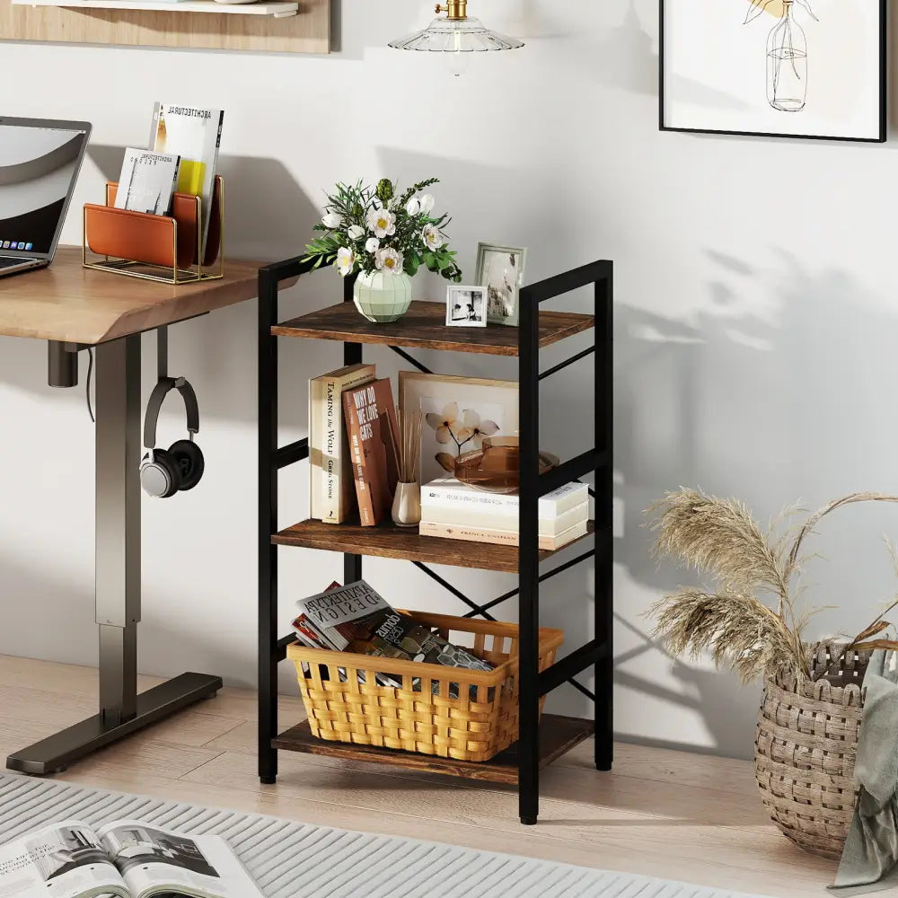 4-Tier Bookshelf with Metal Frame and Wooden Storage Racks for Study-Rustic Brown - Rustic Brown - Bookcases