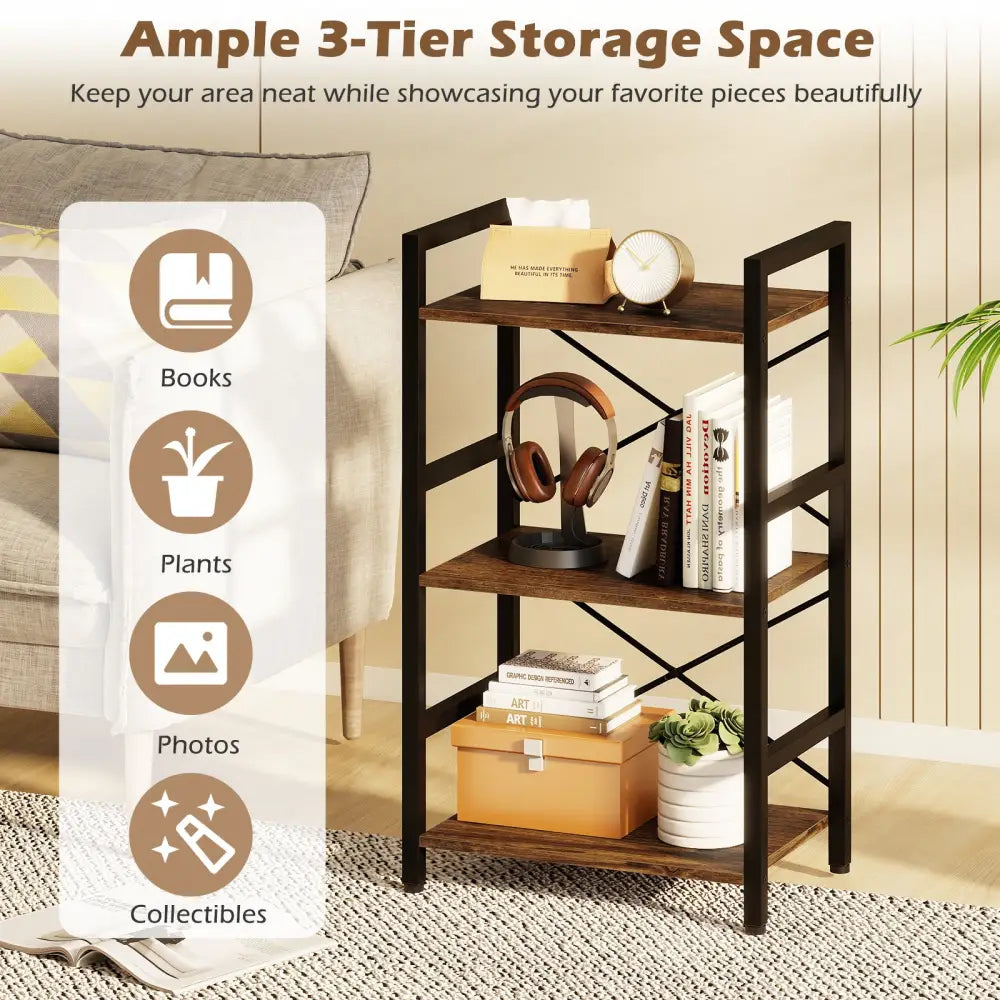 4-Tier Bookshelf with Metal Frame and Wooden Storage Racks for Study-Rustic Brown - Rustic Brown - Bookcases