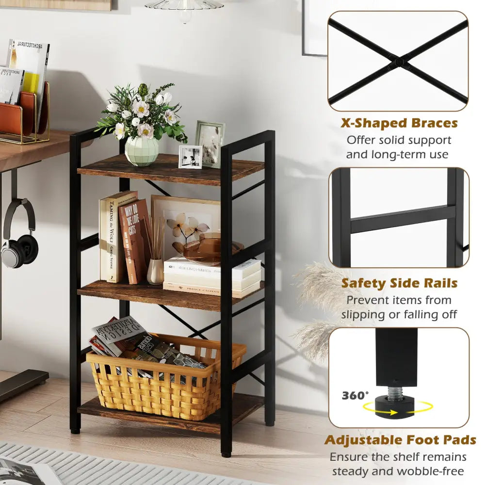 4-Tier Bookshelf with Metal Frame and Wooden Storage Racks for Study-Rustic Brown - Rustic Brown - Bookcases