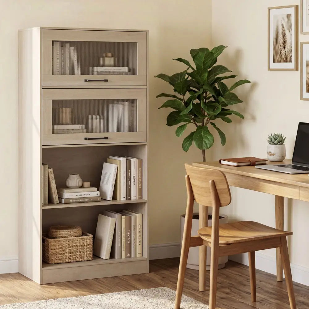 4-Tier Bookshelf with Storage Cabinets and Open Compartments-Natural - Natural - Bookcases