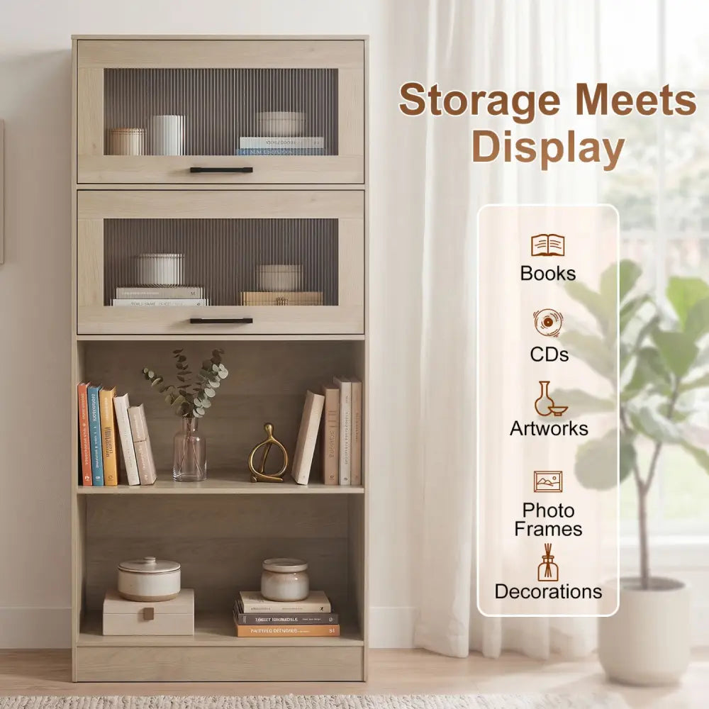 4-Tier Bookshelf with Storage Cabinets and Open Compartments-Natural - Natural - Bookcases