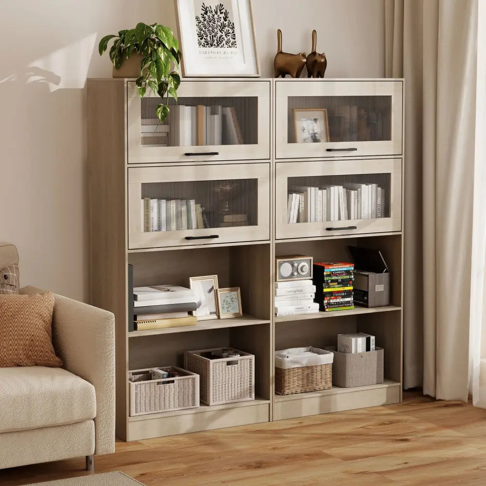 4-Tier Bookshelf with Storage Cabinets and Open Compartments-Natural - Natural - Bookcases