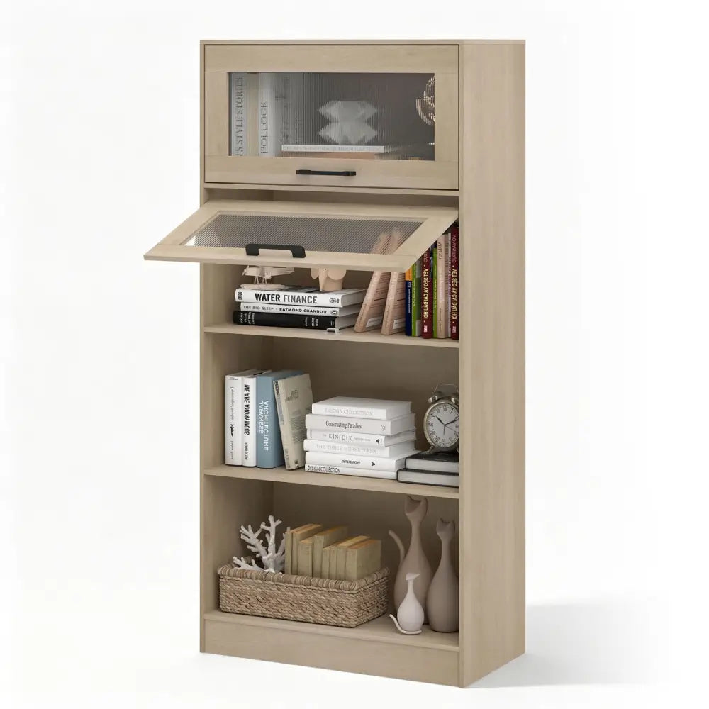 4-Tier Bookshelf with Storage Cabinets and Open Compartments-Natural - Natural - Bookcases