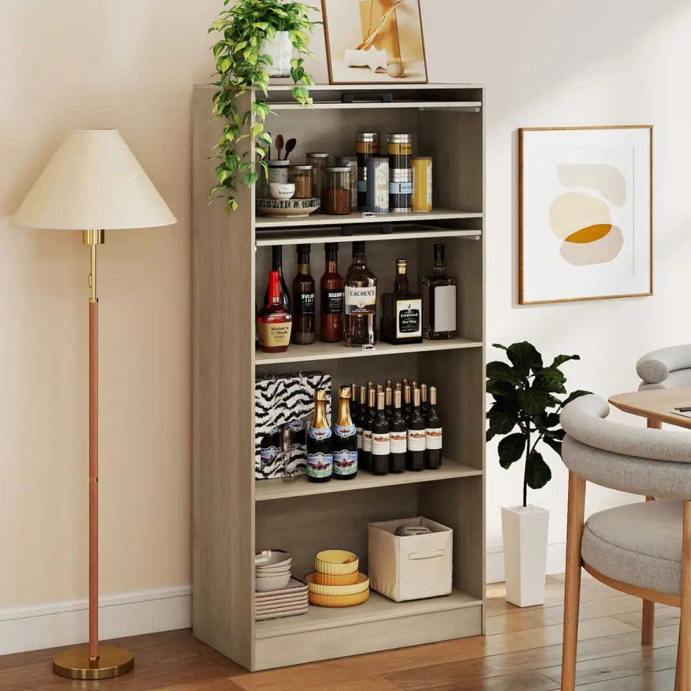 4-Tier Bookshelf with Storage Cabinets and Open Compartments-Natural - Natural - Bookcases