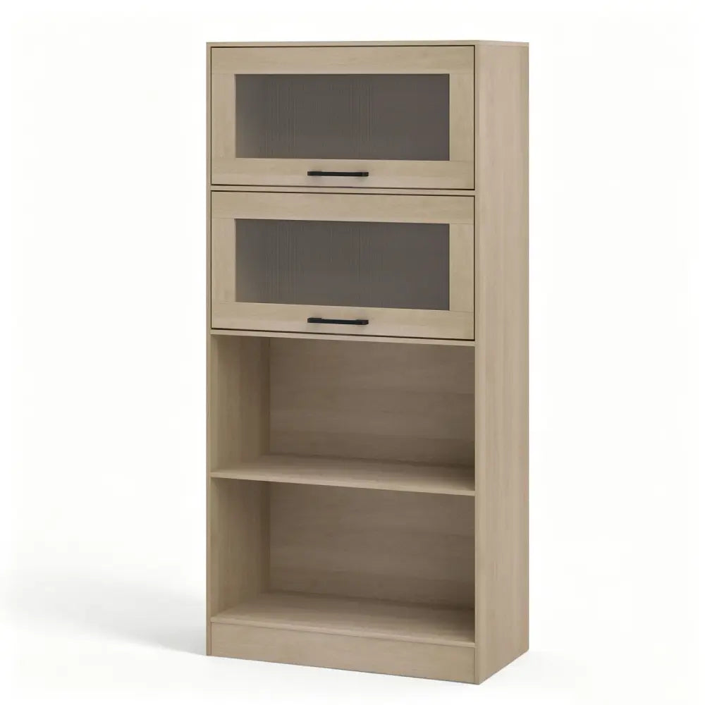 4-Tier Bookshelf with Storage Cabinets and Open Compartments-Natural - Natural - Bookcases