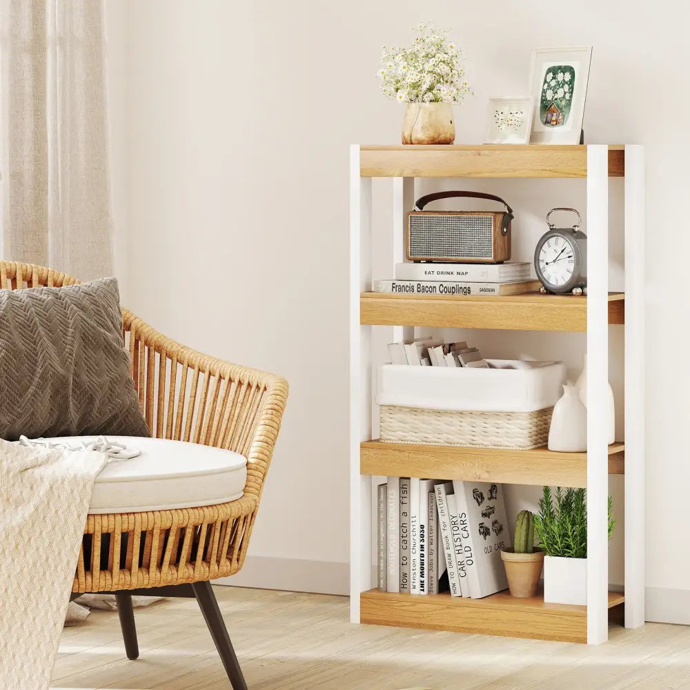 4 Tier Bookshelf Wooden Bookcase with Dual Anti-Tipping Kits-Natural - Natural - Bookcases