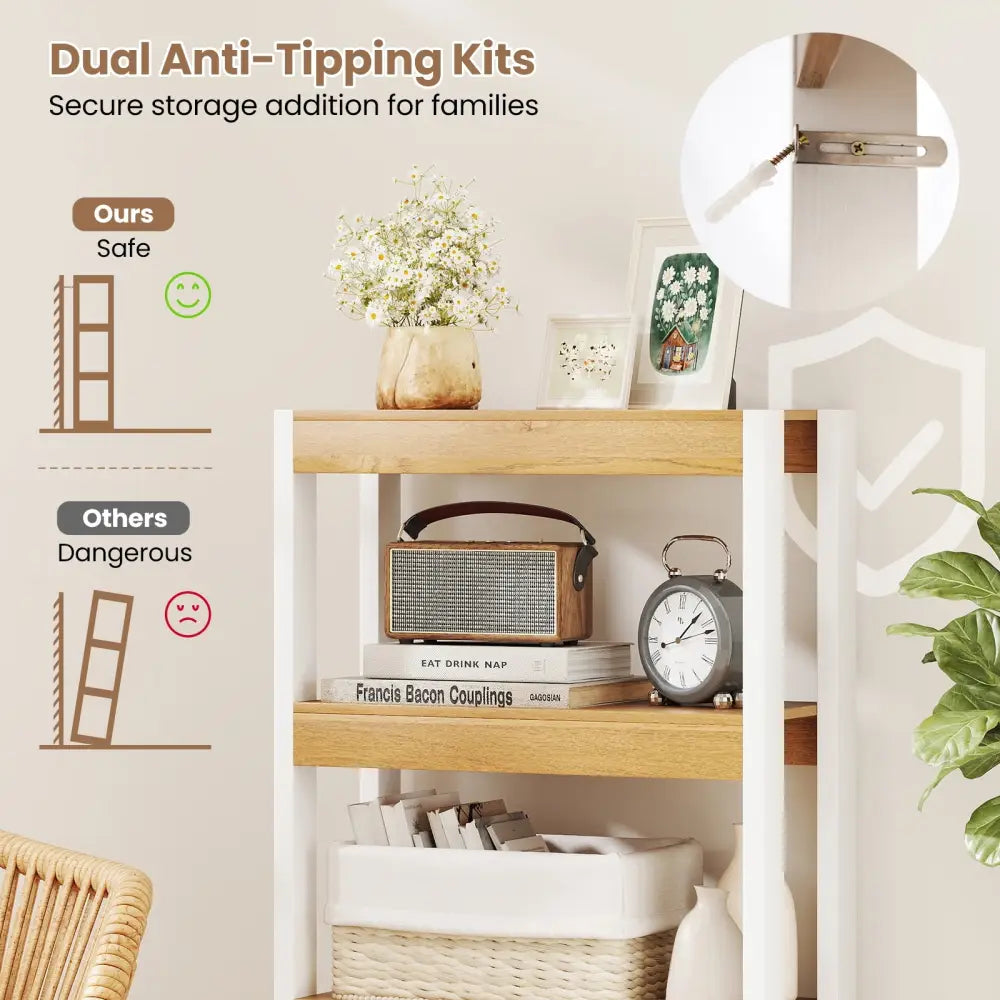 4 Tier Bookshelf Wooden Bookcase with Dual Anti-Tipping Kits-Natural - Natural - Bookcases
