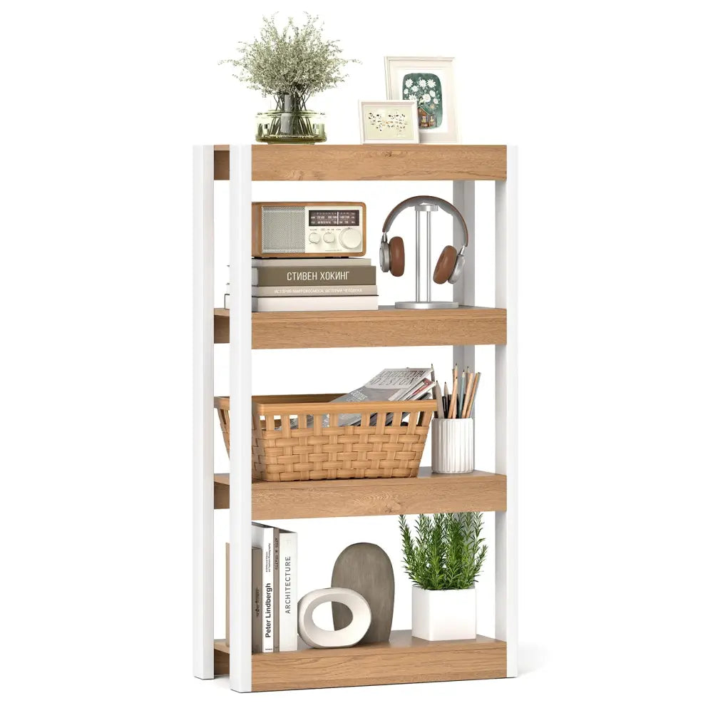 4 Tier Bookshelf Wooden Bookcase with Dual Anti-Tipping Kits-Natural - Natural - Bookcases