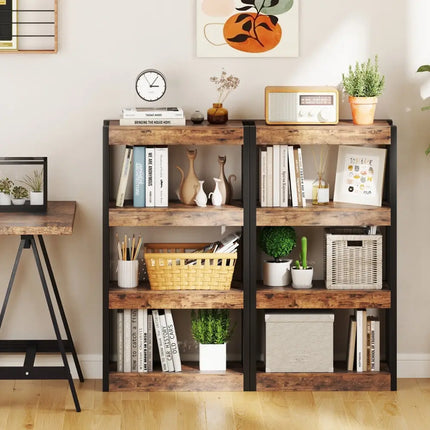 4 Tier Bookshelf Wooden Bookcase with Dual Anti-Tipping Kits-Rustic Brown Costway
