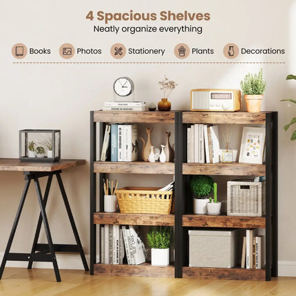 4 Tier Bookshelf Wooden Bookcase with Dual Anti-Tipping Kits-Rustic Brown Costway