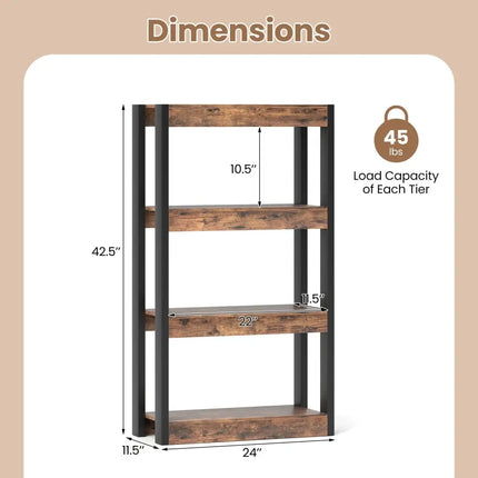 4 Tier Bookshelf Wooden Bookcase with Dual Anti-Tipping Kits-Rustic Brown Costway