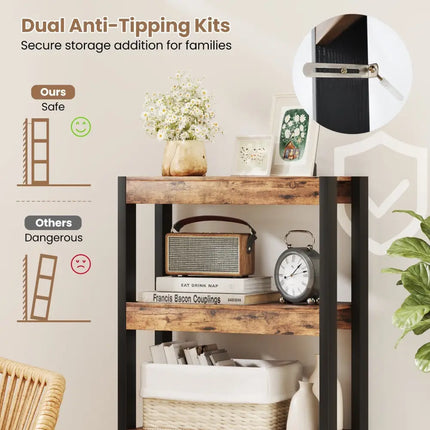 4 Tier Bookshelf Wooden Bookcase with Dual Anti-Tipping Kits-Rustic Brown Costway