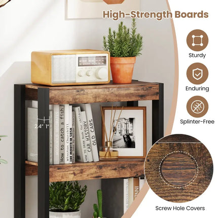 4 Tier Bookshelf Wooden Bookcase with Dual Anti-Tipping Kits-Rustic Brown Costway