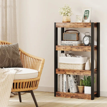 4 Tier Bookshelf Wooden Bookcase with Dual Anti-Tipping Kits-Rustic Brown Costway