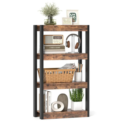 4 Tier Bookshelf Wooden Bookcase with Dual Anti-Tipping Kits-Rustic Brown Costway