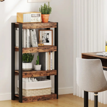 4 Tier Bookshelf Wooden Bookcase with Dual Anti-Tipping Kits-Rustic Brown Costway