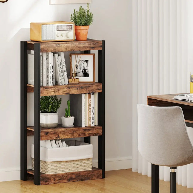 4 Tier Bookshelf Wooden Bookcase with Dual Anti-Tipping Kits-Rustic Brown Costway