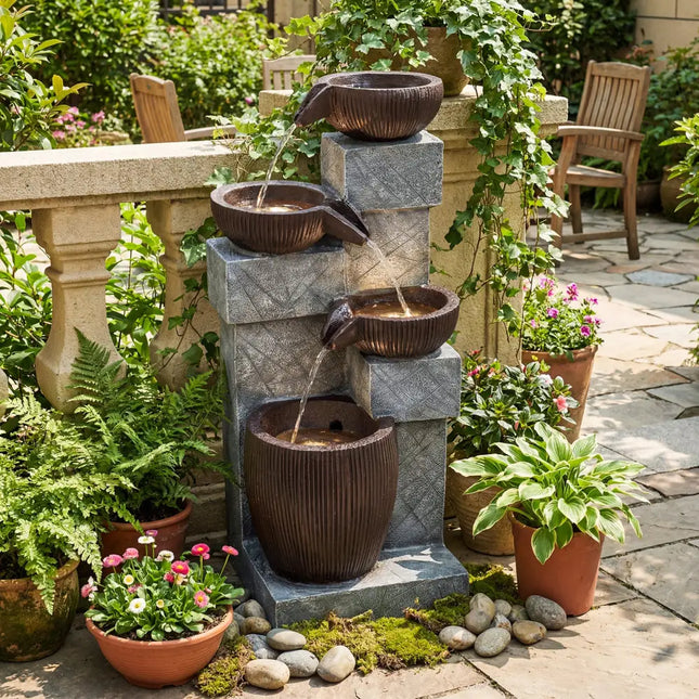 4-Tier Cascading Bowl Outdoor Water Fountain with LED Lights - Outdoor Decor