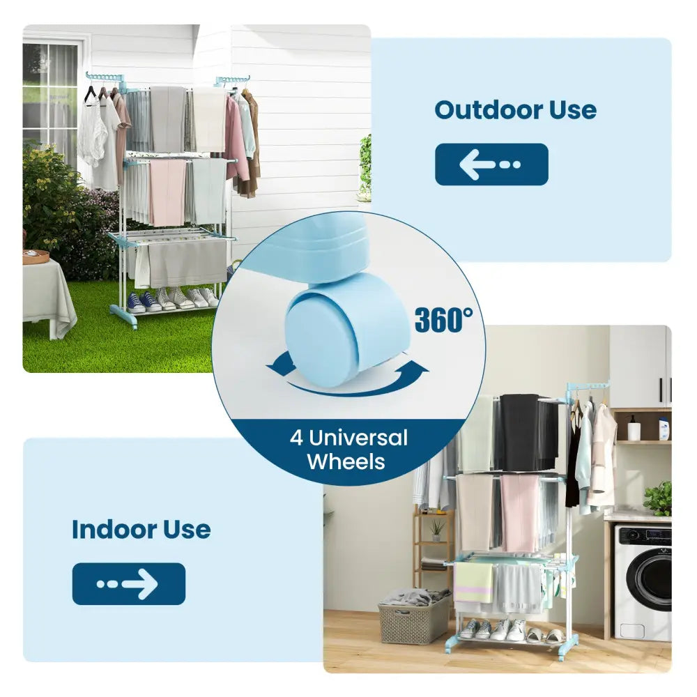 4-tier Clothes Drying Rack with Rotatable Side Wings and Collapsible Shelves-Blue - Blue - Drying Racks