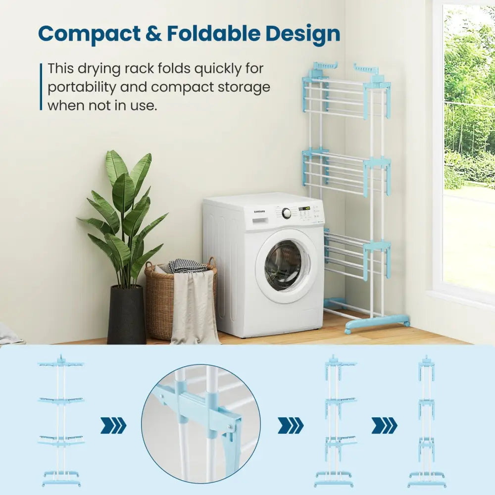 4-tier Clothes Drying Rack with Rotatable Side Wings and Collapsible Shelves-Blue - Blue - Drying Racks