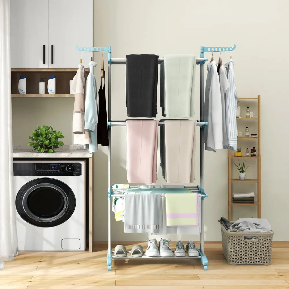 4-tier Clothes Drying Rack with Rotatable Side Wings and Collapsible Shelves-Blue - Blue - Drying Racks