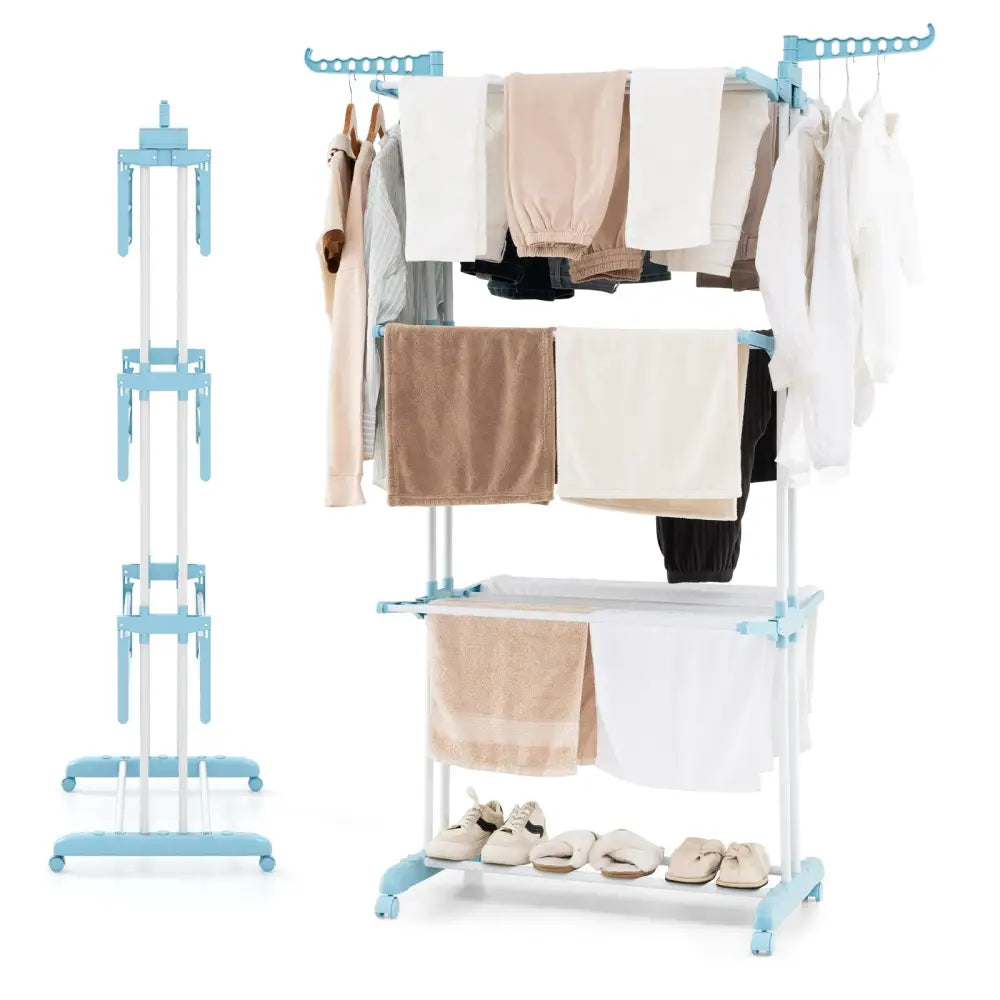 4-tier Clothes Drying Rack with Rotatable Side Wings and Collapsible Shelves-Blue - Blue - Drying Racks