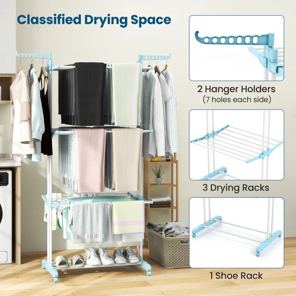 4-tier Clothes Drying Rack with Rotatable Side Wings and Collapsible Shelves-Blue - Blue - Drying Racks