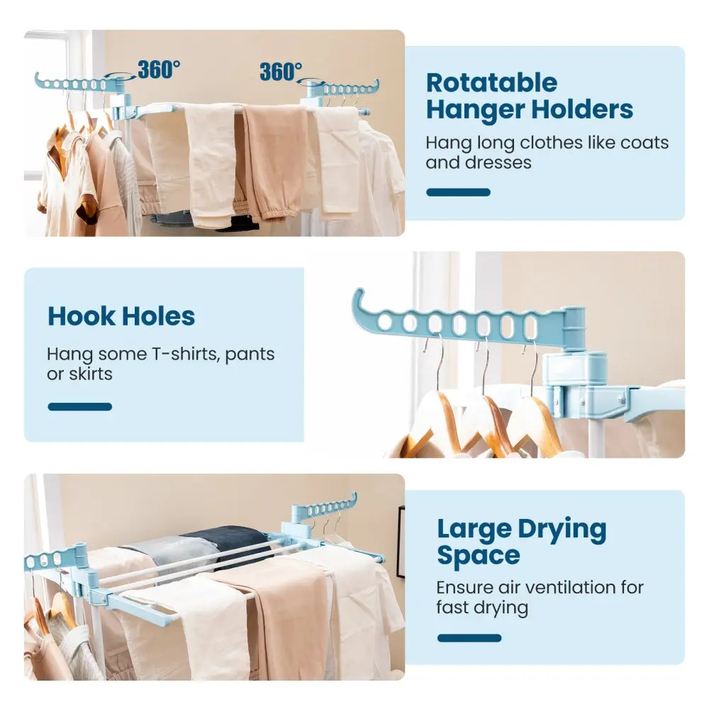 4-tier Clothes Drying Rack with Rotatable Side Wings and Collapsible Shelves-Blue - Blue - Drying Racks