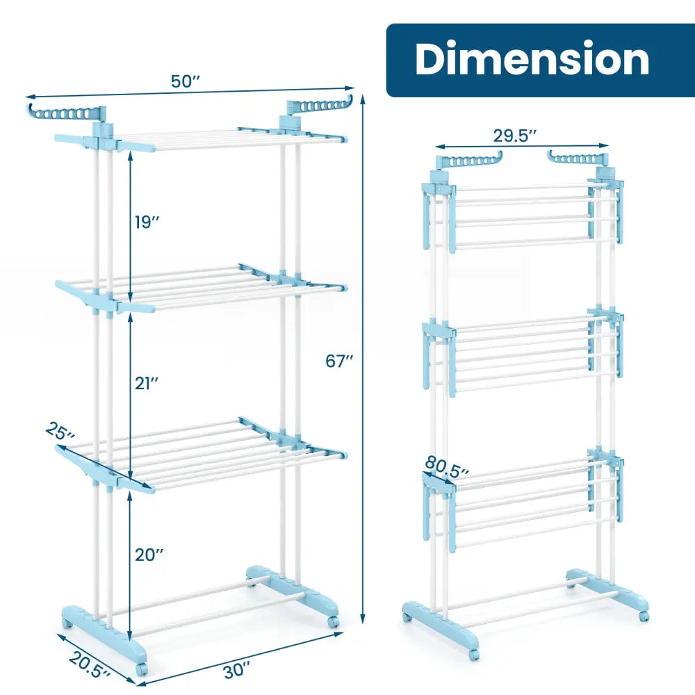 4-tier Clothes Drying Rack with Rotatable Side Wings and Collapsible Shelves-Blue - Blue - Drying Racks