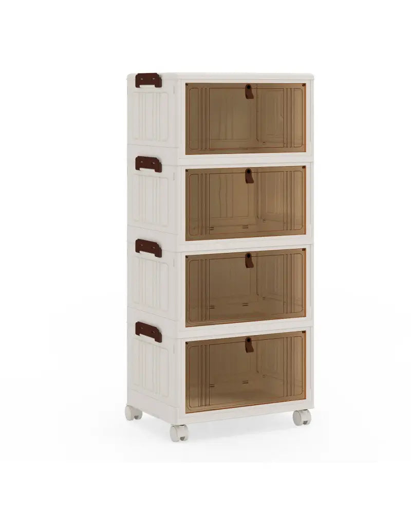 4-Tier Collapsible Shoe Box Lid Doors and Lockable Wheels-White - White - Shoe Racks & Storage Benches