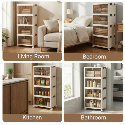 4-Tier Collapsible Shoe Box Lid Doors and Lockable Wheels-White - White - Shoe Racks & Storage Benches