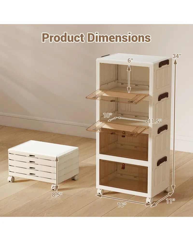 4-Tier Collapsible Shoe Box Lid Doors and Lockable Wheels-White - White - Shoe Racks & Storage Benches