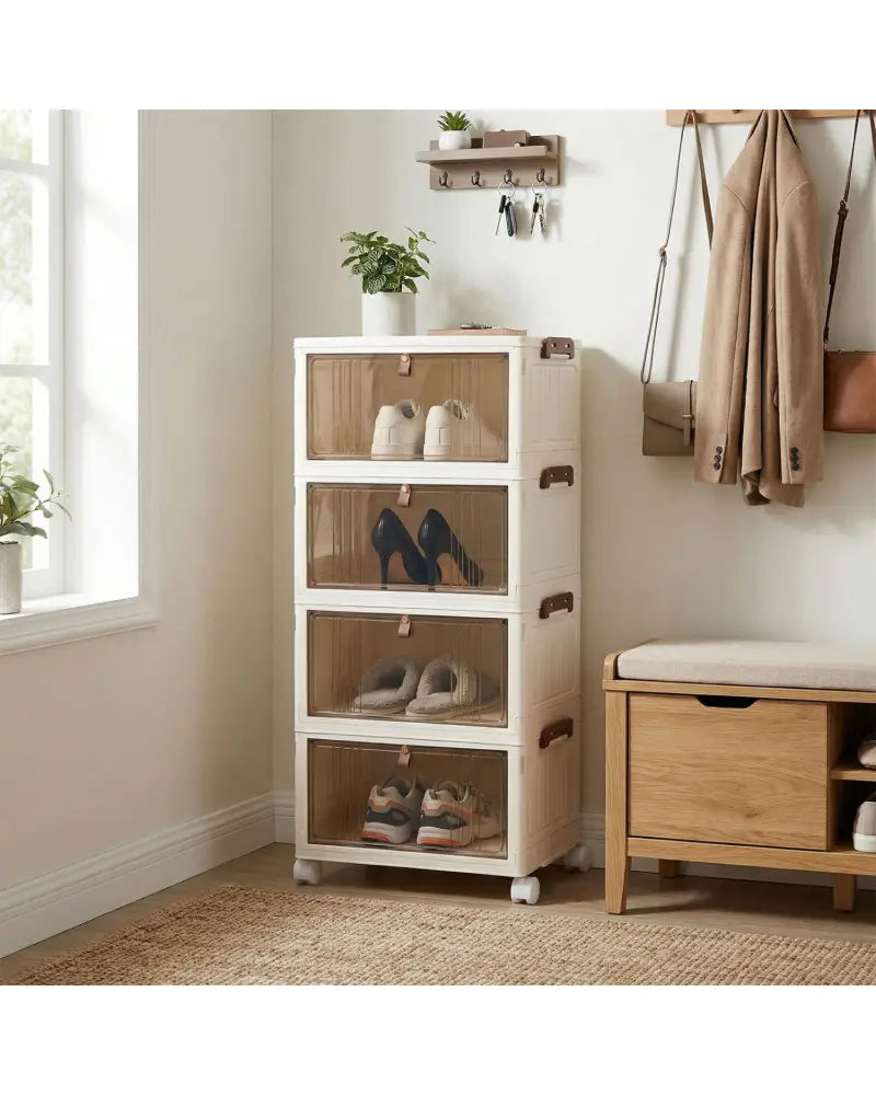 4-Tier Collapsible Shoe Box Lid Doors and Lockable Wheels-White - White - Shoe Racks & Storage Benches