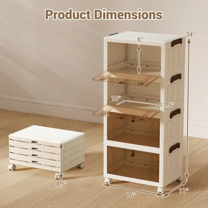4-Tier Collapsible Shoe Box Lid Doors and Lockable Wheels-White - White - Shoe Racks & Storage Benches