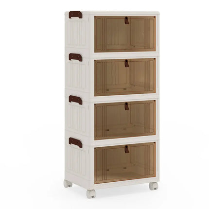 4-Tier Collapsible Shoe Box Lid Doors and Lockable Wheels-White - White - Shoe Racks & Storage Benches